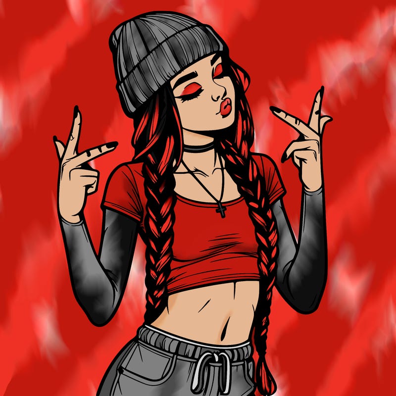 realistic teenage girl with braids and a beanie and crop top doing 🫶🏼