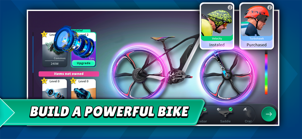 E-Bike Racing Tycoon Simulator - Customizing a powerful electric bike with neon wheels in the e-bike builder simulator