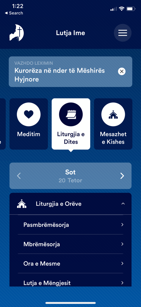 Lutja Ime - Lutja Ime mobile app home screen with religious liturgy categories in Albanian
