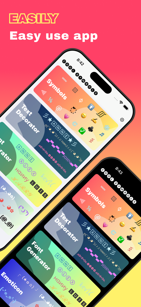 Cool Symbols & Characters - User interface of the Cool Symbols and Characters app showing font generator and text decoration features