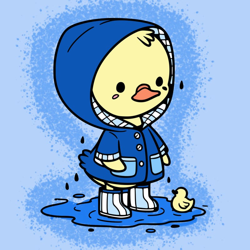 baby duck in a rain coat and boots, in a puddle while it’s raining