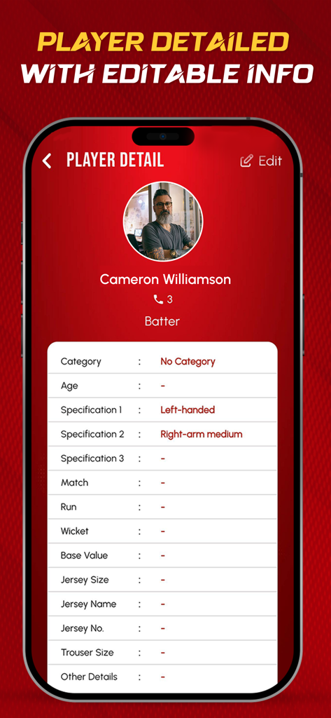 CricAuction - Cricket Auction - CricAuction mobile app screen displaying a detailed cricket player profile with editable fields for stats and gear
