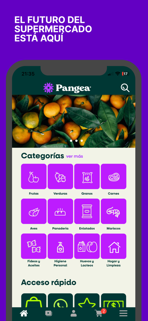 Pangea - Pangea mobile app home screen showing various grocery categories like fruits and vegetables in Spanish