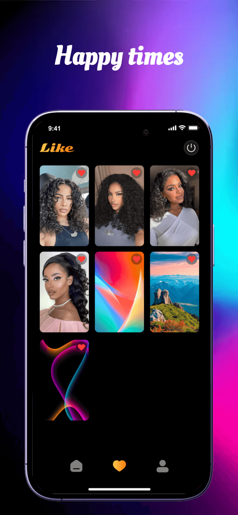 Wallio: Warm & Links - The Liked section of the Wallio app displaying a grid of curated wallpapers including portraits, landscapes, and abstract designs.