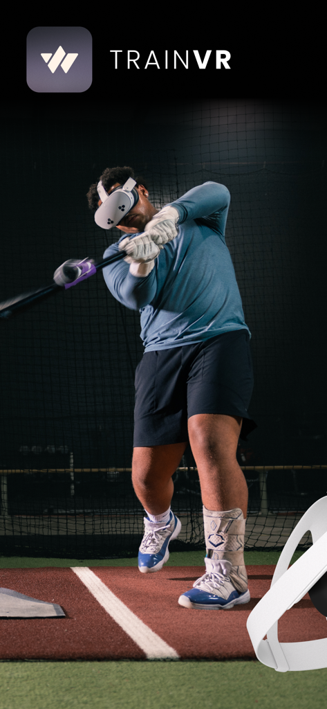 WIN Reality: SwingAI - Baseball player using a VR headset to practice a swing in a batting cage
