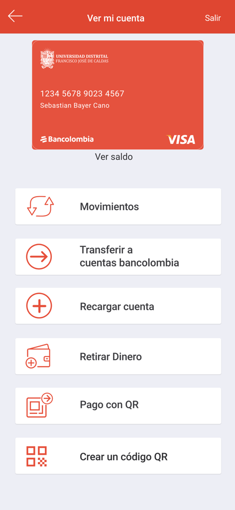 Cartão universitário digital e menu de gerenciamento financeiro no aplicativo U Distrital mostrando opções de transferências e pagamentos por QR code
