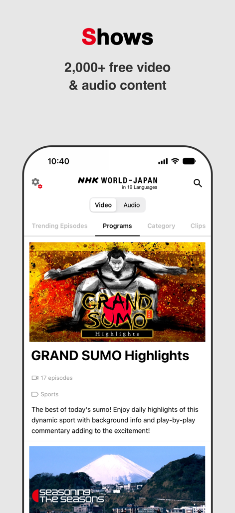 NHK WORLD-JAPAN - Interfaz de la aplicación NHK WORLD-JAPAN mostrando programas gratuitos como Grandes Resúmenes de Sumo