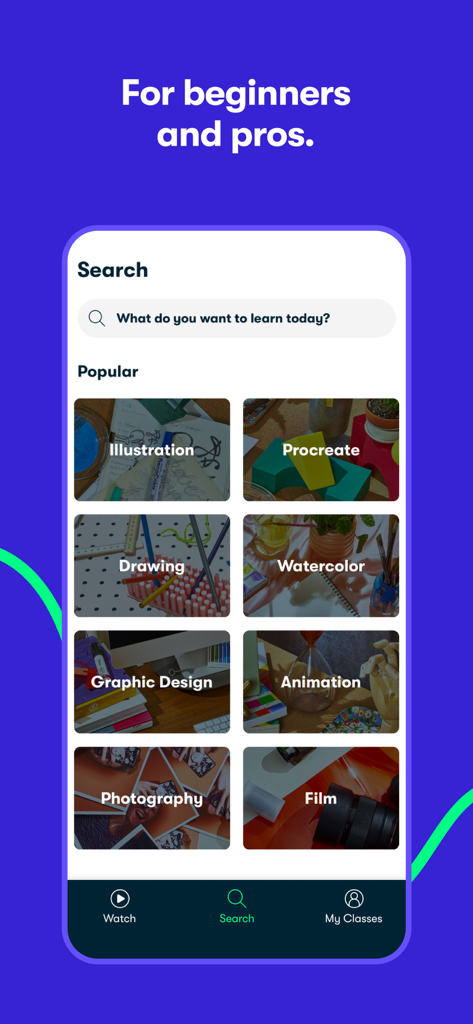 Skillshare: Creativity Classes - Skillshareアプリの検索画面。人気のクリエイティブクラスのカテゴリーが表示されています。