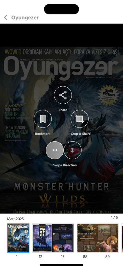 Digital reading interface of the Oyungezer magazine app featuring sharing and bookmarking tools.