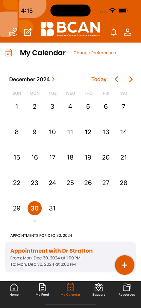 BCAN Bladder Cancer App - Interface of the BCAN app showing a monthly calendar with a scheduled medical appointment.