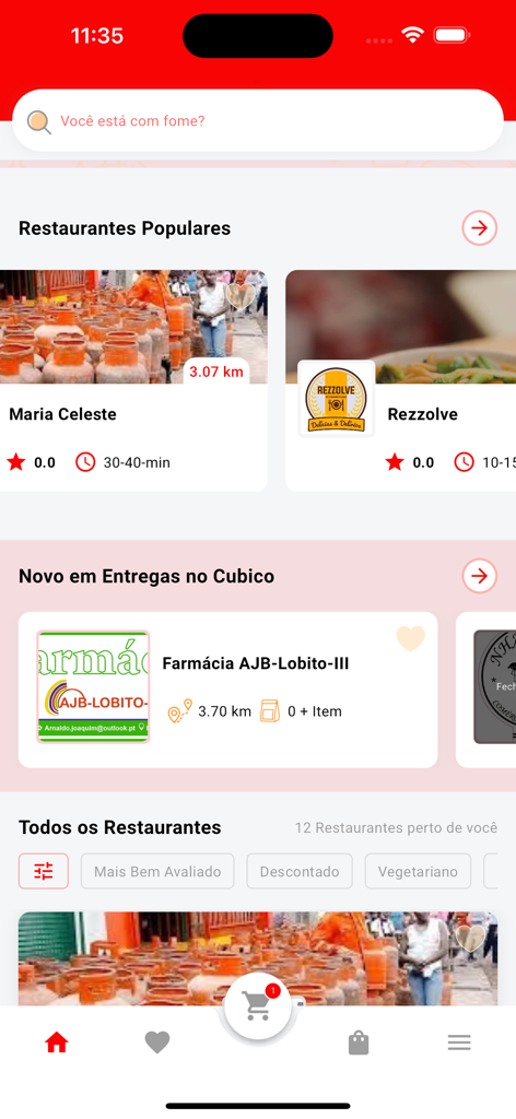Entregas no Cubico - Home screen of the Entregas no Cubico app showing restaurant pharmacy and gas delivery options