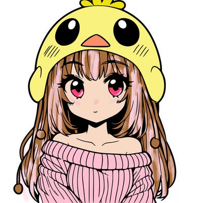 anime girl with chick shaped hat with sweater with bare shoulders with bangs covering them one eye with low tail