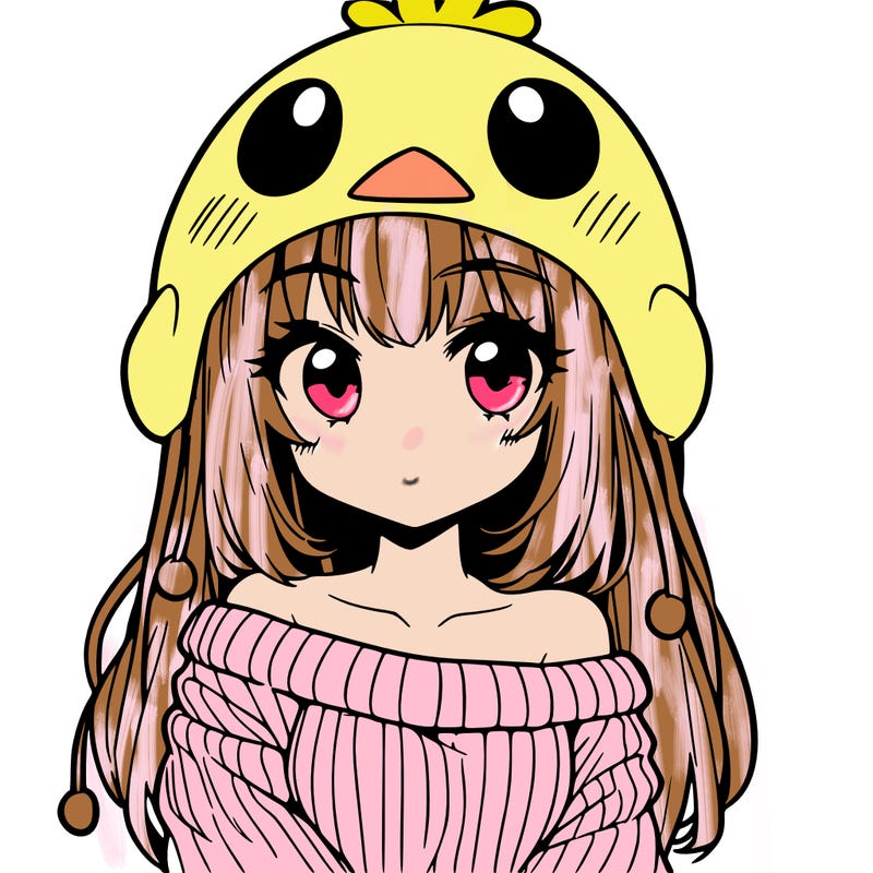 anime girl with chick shaped hat with sweater with bare shoulders with bangs covering them one eye with low tail