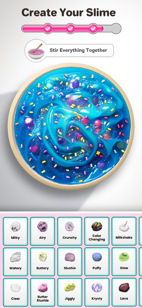 Create Your Slime interface in Super Slime Simulator showing blue slime with sprinkles and texture options
