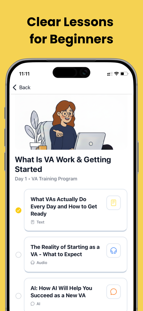 Interfaz de la aplicación Josie AI mostrando lecciones de entrenamiento para asistentes virtuales para principiantes en el Día 1 del programa.