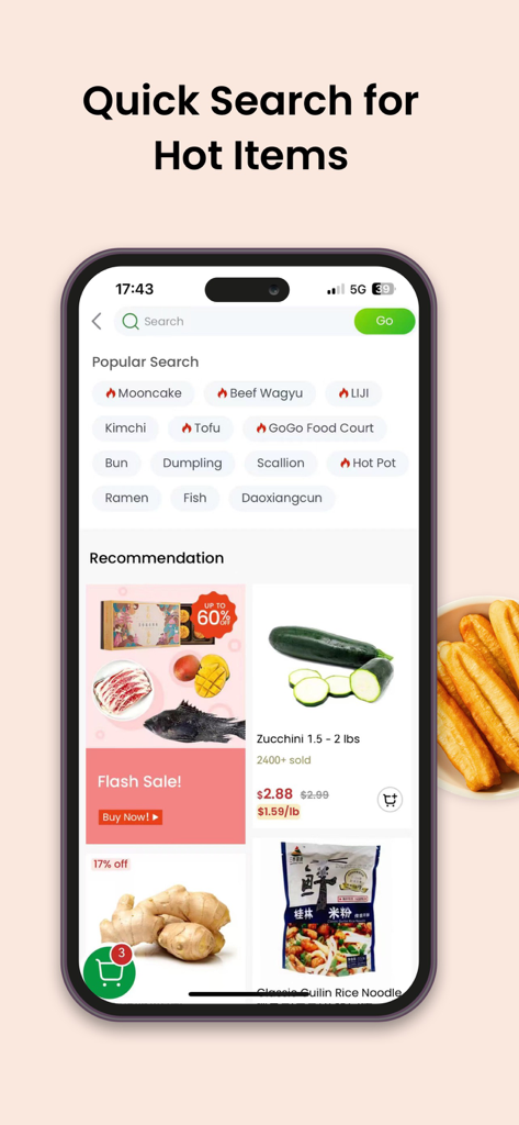 FreshGoGo Asian Grocery & Food - FreshGoGo app screen showing quick search for hot items like Mooncake and Kimchi with grocery recommendations