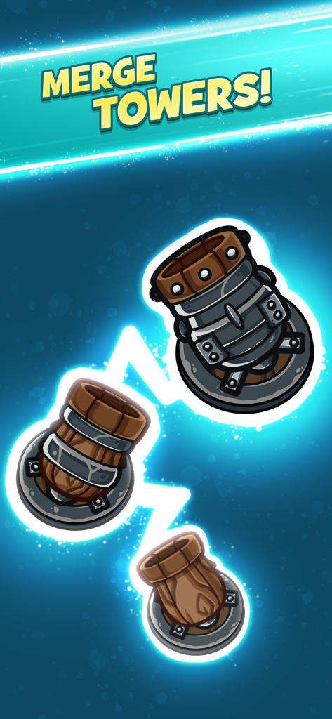 Merge Kingdoms game screen showing the core mechanic of merging towers to upgrade defenses.