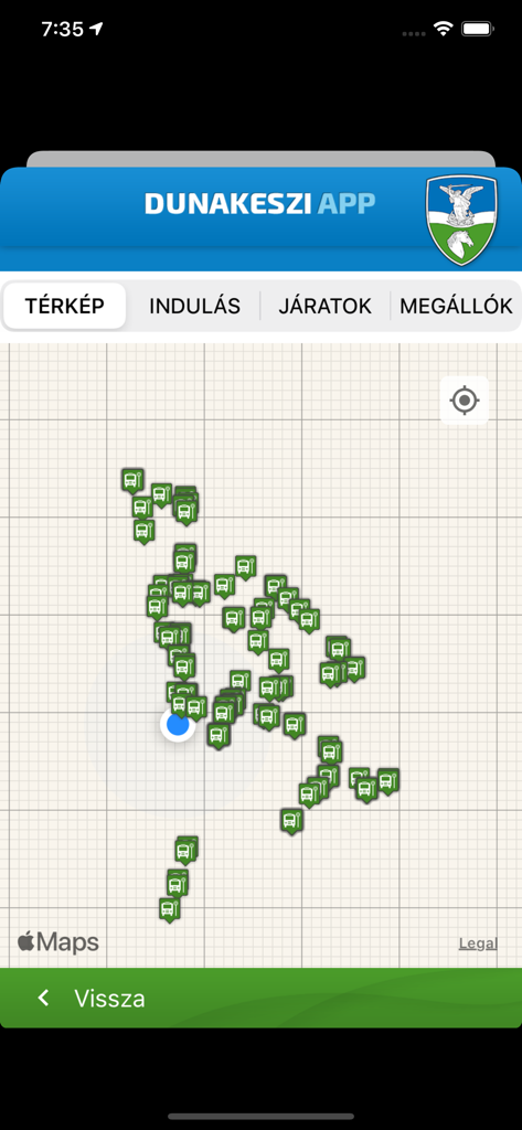 Map view in the Dunakeszi IntermApp displaying green bus stop icons.