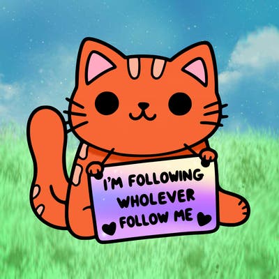 cat with a sign that says i’m following whoever follows me