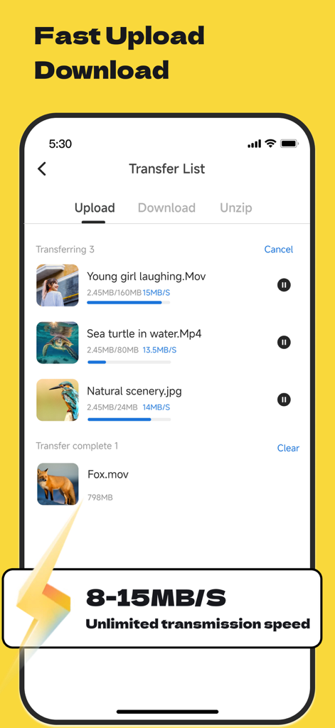 Sophon - Secure Cloud Storage - Sophonアプリの転送リスト。複数のメディアファイルが高速でアップロードされている様子。