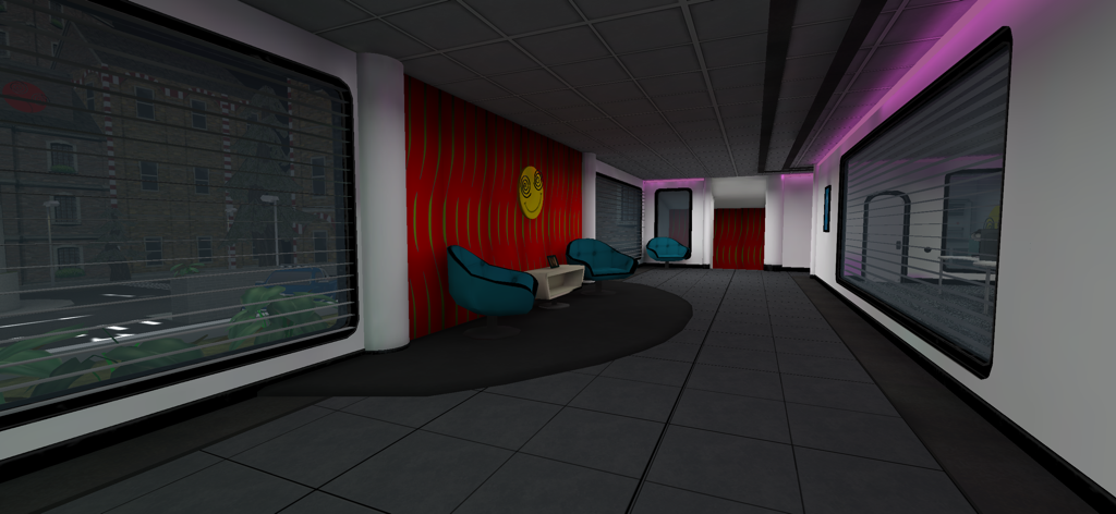Smiling-X: Horror Game - Eerie office lobby with blue chairs and a hypnotic smiley face logo