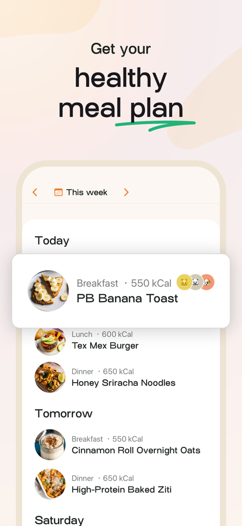 MealPrepPro app interface displaying a healthy daily meal plan with calorie counts and recipes