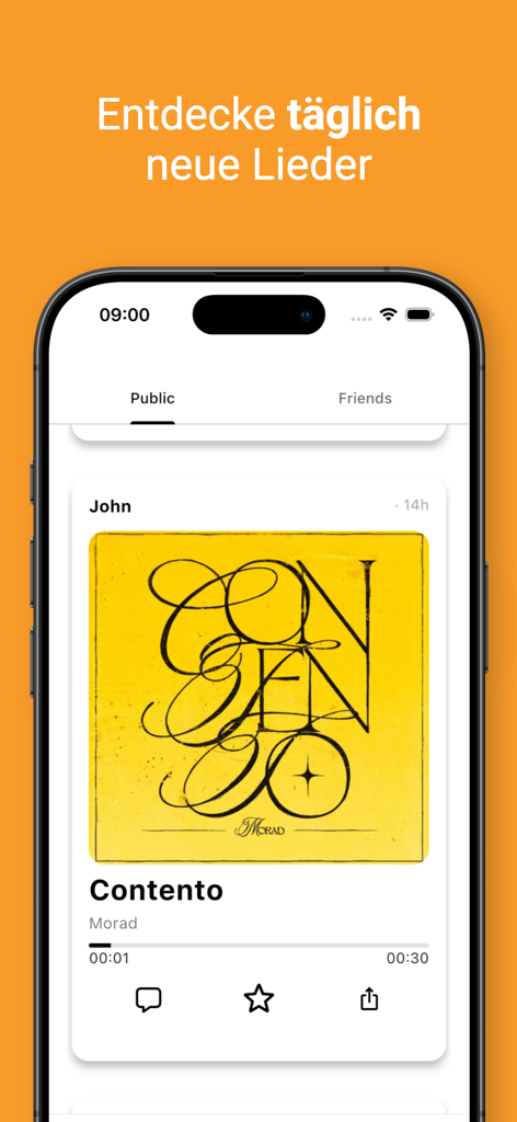 Echo Music app screenshot showing the public discovery feed with a shared song and the headline discover new songs daily
