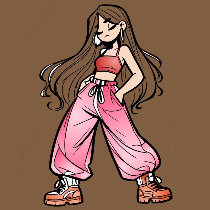 girl in baggy pants crop top and long hair