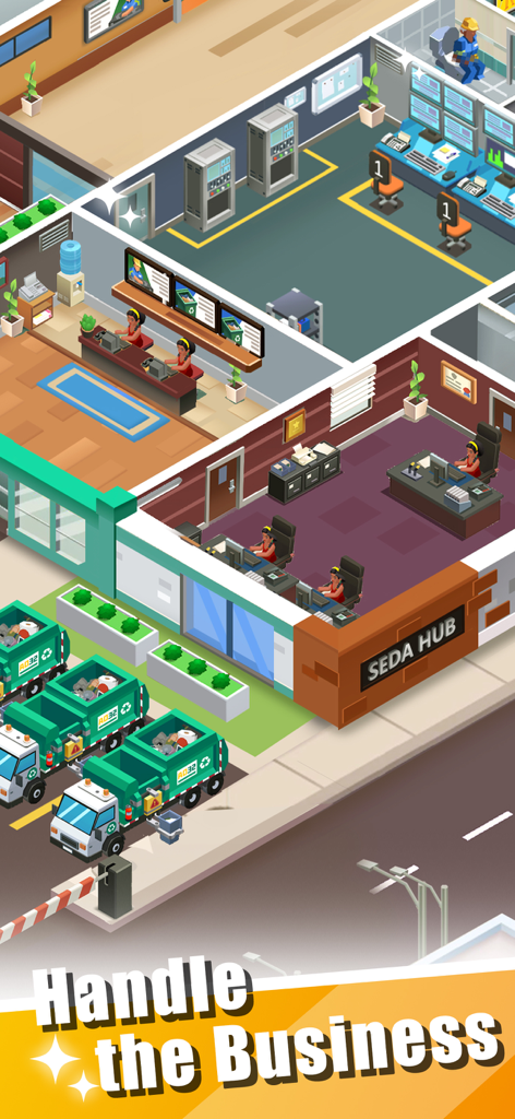 Garbage Tycoon - Idle Game - Vista de arriba hacia abajo de un centro de oficinas con personal y camiones de basura en el juego inactivo Garbage Tycoon.