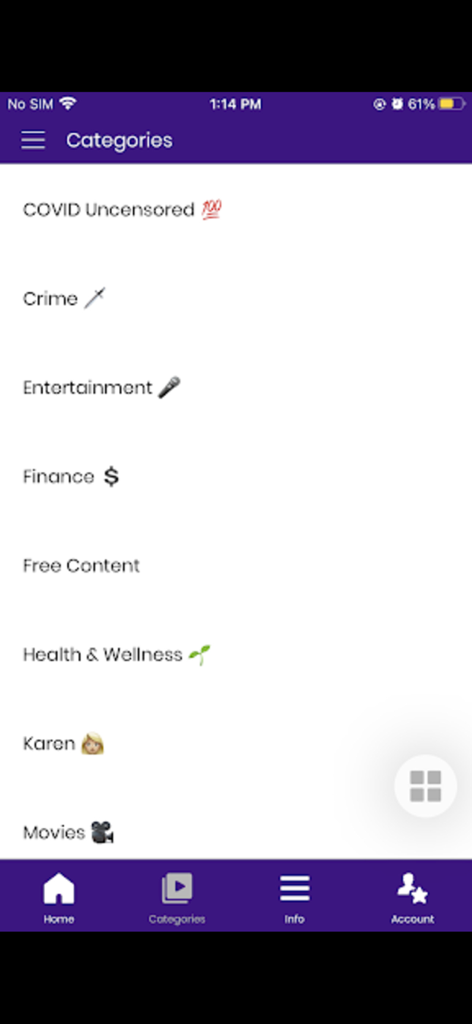 African Diaspora News Channel - Screenshot of the categories menu in the African Diaspora News Channel app