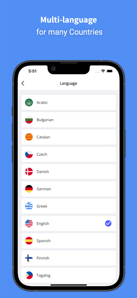 Voice Translator : Language + - Voice Translator app interface showing a list of available languages including Arabic Bulgarian and English with their respective flags