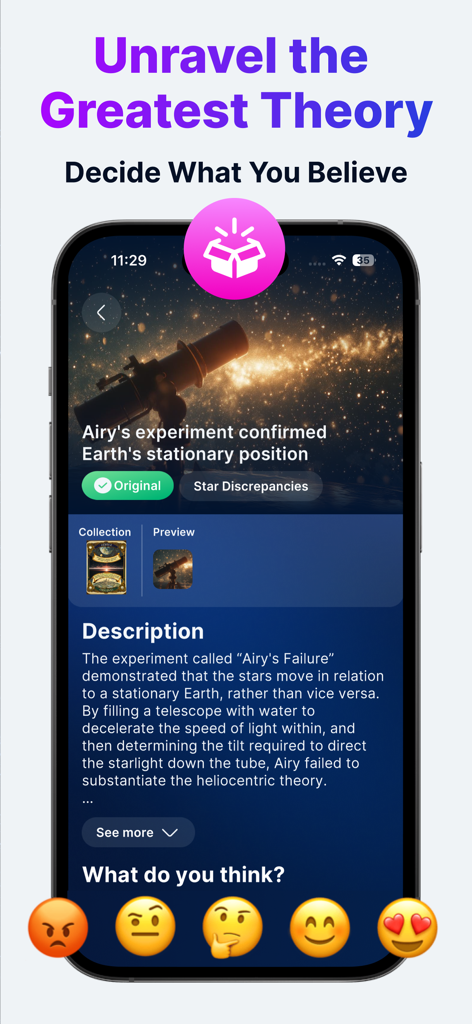 Flataverse: Explore Flat Earth - Flataverse app screen showing a theory card about Earths position with reaction emojis