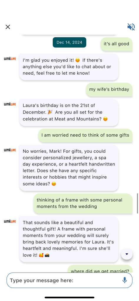 A mobile chat interface of the Lumii.life app showing an AI assistant providing personalized gift suggestions and empathetic support to a user.