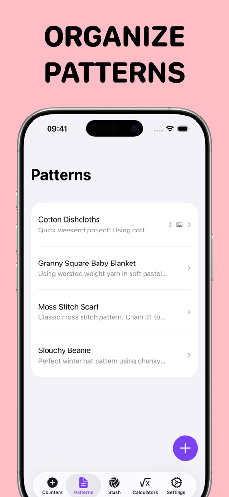 Crochet Row Counter: Ares - Una interfaz móvil que muestra una lista de proyectos de crochet organizados que incluyen mantas y bufandas dentro de la aplicación Ares.