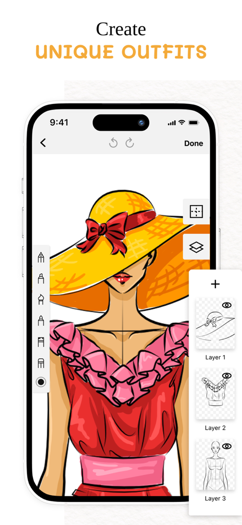 A digital fashion sketch of a woman in a red dress and yellow hat featuring a multi-layer design interface.
