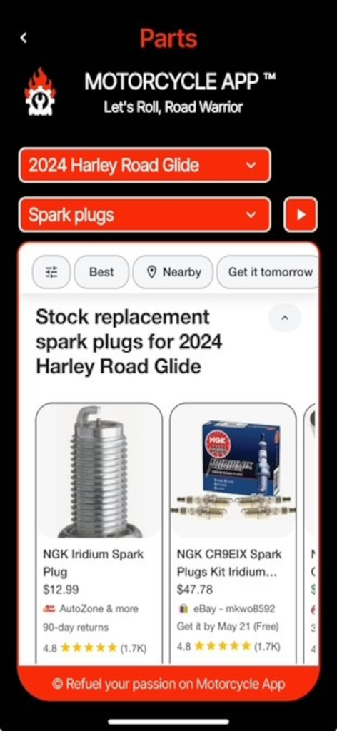Motorcycle.App - Motorcycle app search results for 2024 Harley Road Glide spark plugs showing prices and retailers