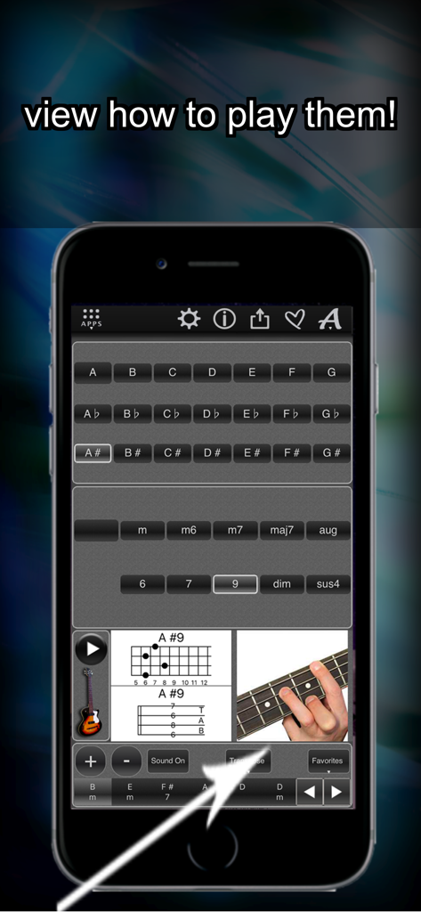 120 Bass Chords - Una interfaz de aplicación móvil que muestra un diagrama de diapasón de bajo eléctrico, tablatura y una foto de una mano tocando un acorde de La sostenido 9.