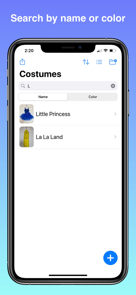 Search screen in Costumize app displaying costume results by name and color