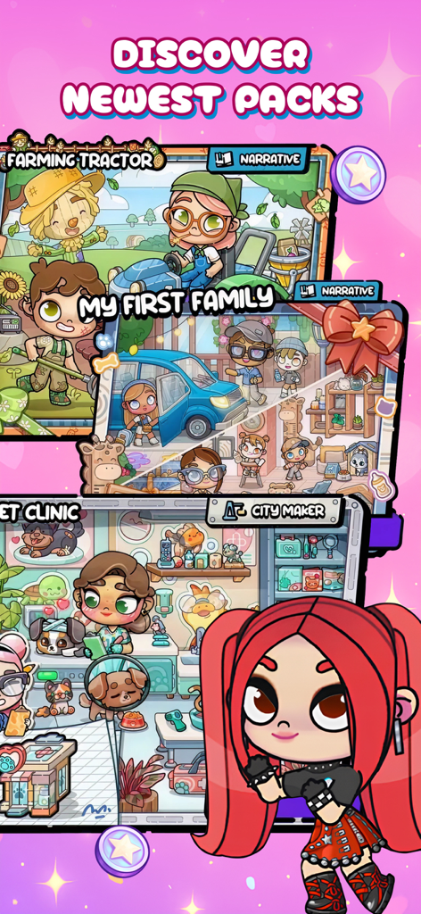 A screen showing various themed packs for Avatar World including farming and vet clinic themes