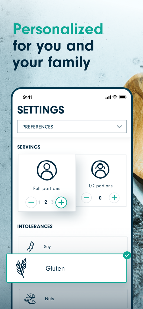 Forks Meal Planner - Settings screen of the Forks Meal Planner app showing options for customizing portions and selecting dietary intolerances like gluten-free.