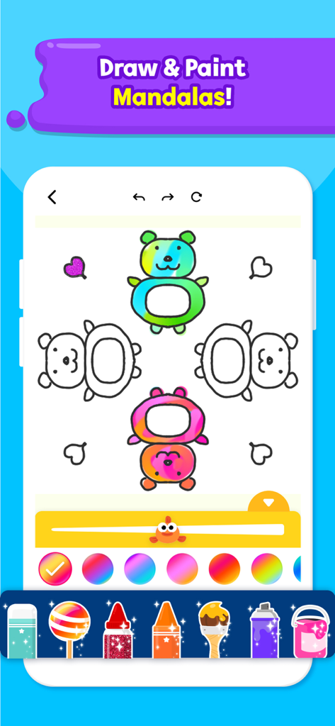 Baby Shark Coloring Book - A preschool mandala drawing screen showing bear outlines being colored with rainbow tools and various art supplies like glitter and spray paint