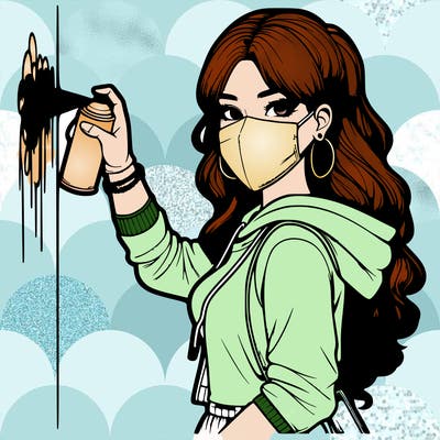 realistic girl with mask spray painting a wall