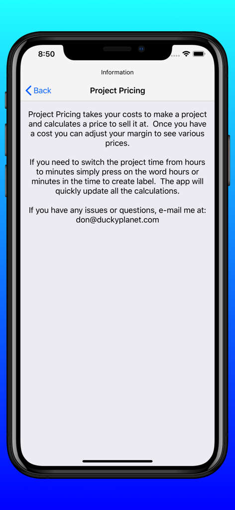 Craft Pricing Helper - Information screen of the Craft Pricing Helper app explaining how project pricing and time conversion calculations work.