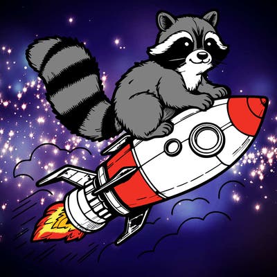 realistic raccoon flying on top rocket ship