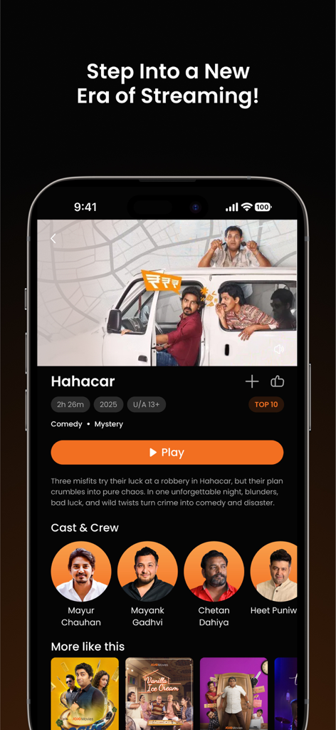JOJO APP: Movies, Shows, Natak - iPhone screen displaying the JOJO app movie details page for the Gujarati film Hahacar with a play button and cast members