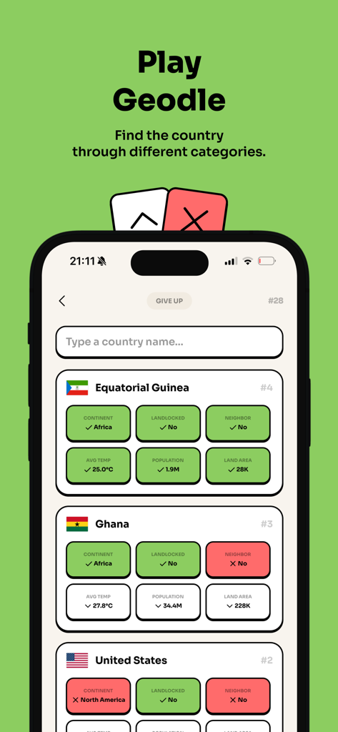 GeoTriviaアプリのGeodleゲームインターフェース。大陸や人口などのカテゴリの手がかりを使用して、秘密の国の推測が表示されています。