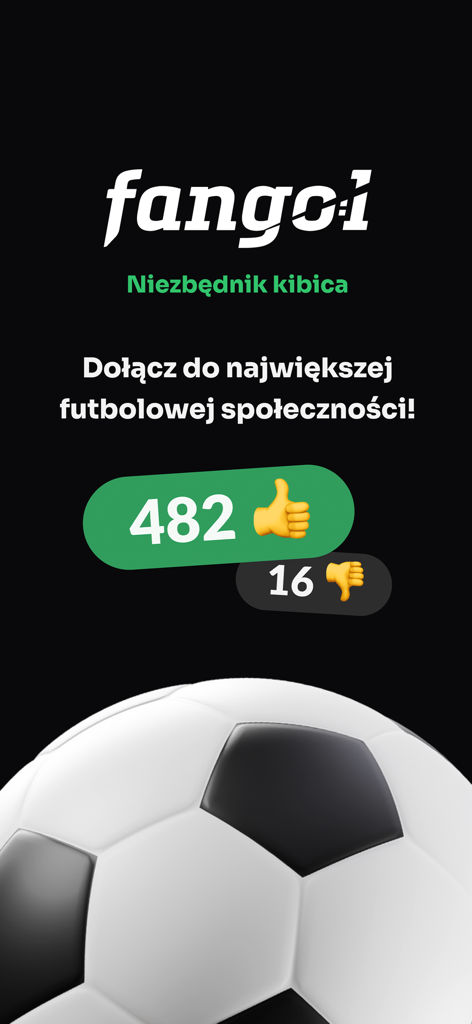 Fangol: Piłka Nożna & Newsy - Fangol-App-Begrüßungsbildschirm mit einem Fußball und Community-Like-Zählungen auf Polnisch