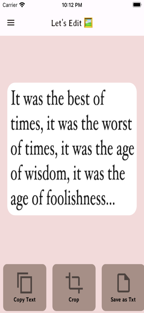 Interface de l'application mobile montrant les options pour copier le texte, recadrer et enregistrer le texte extrait d'une citation classique