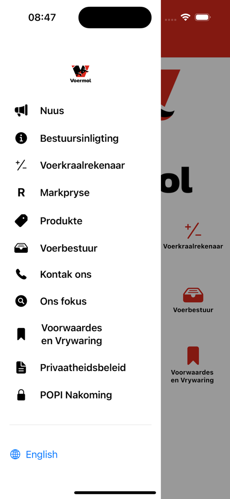 Voermol - Hauptnavigationsmenü der Voermol-App mit Werkzeugen für das Viehmanagement und Produktinformationen