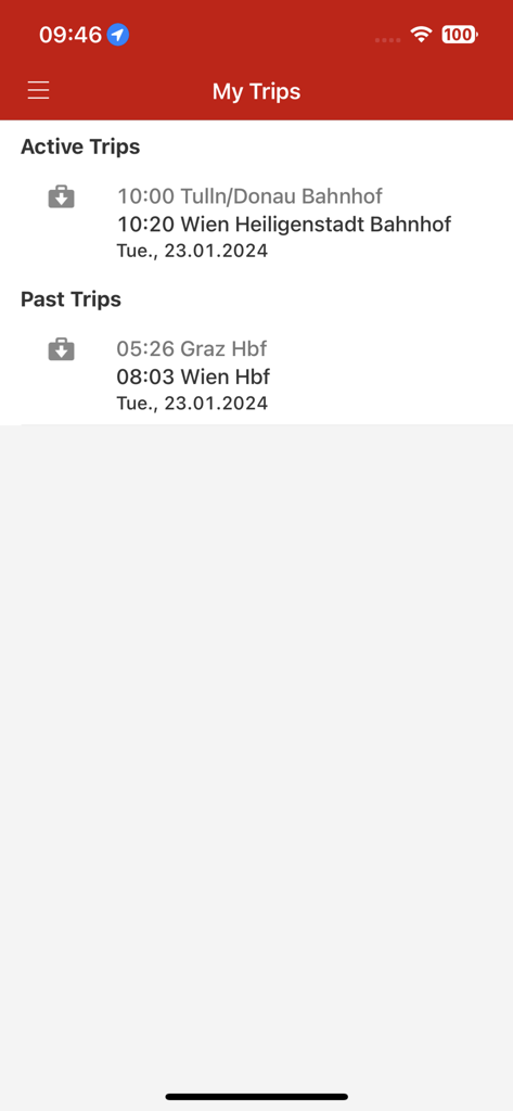 ÖBB Scotty - Mobiler Bildschirm der ÖBB Scotty App, der aktive und vergangene Zugreisepläne in Österreich anzeigt